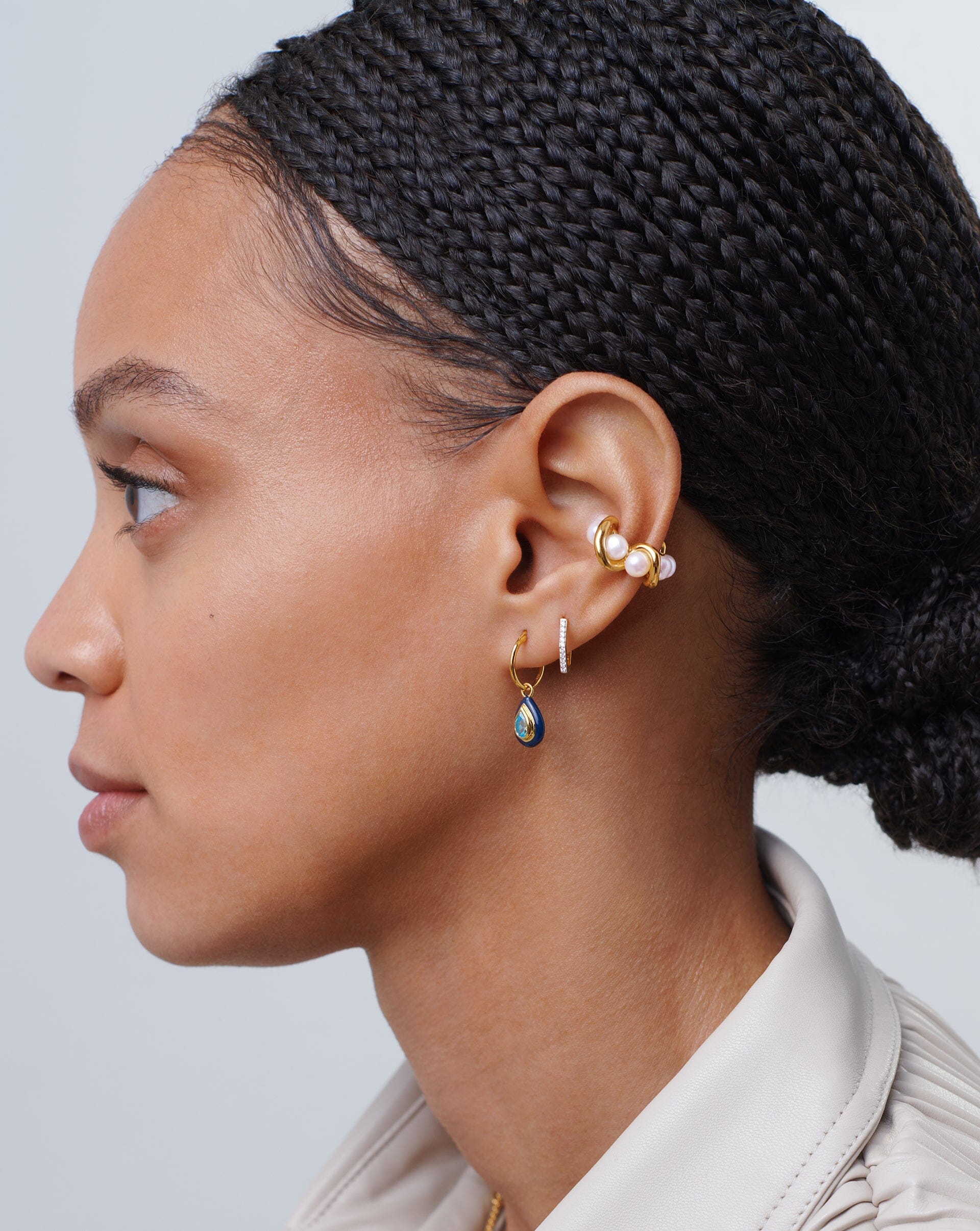 Enamel & Stone Droplet Charm Mini Hoop Earrings | 18ct Gold Plated Vermeil/Aqua Blue Cubic Zirconia Earrings Missoma 