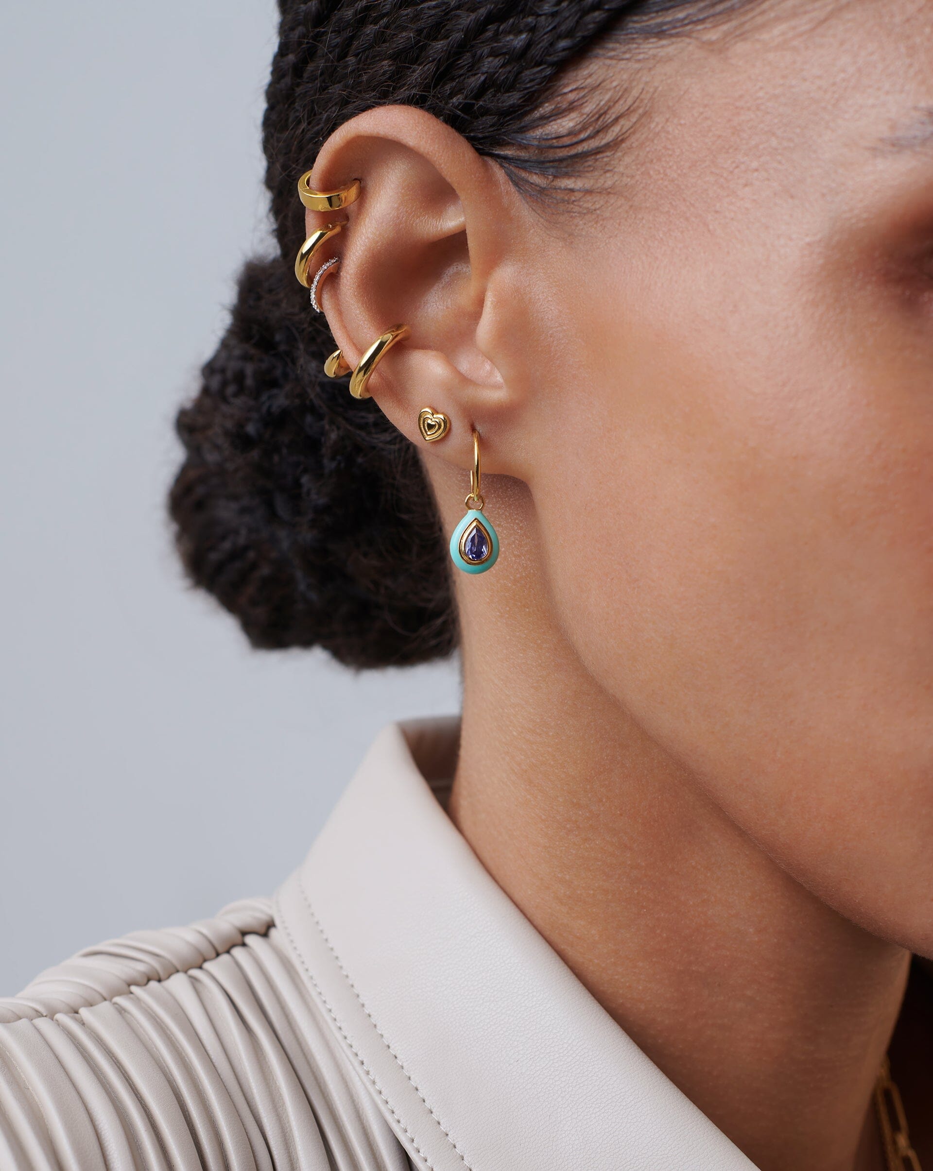 Enamel & Stone Droplet Charm Mini Hoop Earrings | 18ct Gold Plated Vermeil/Blue Cubic Zirconia Earrings Missoma 