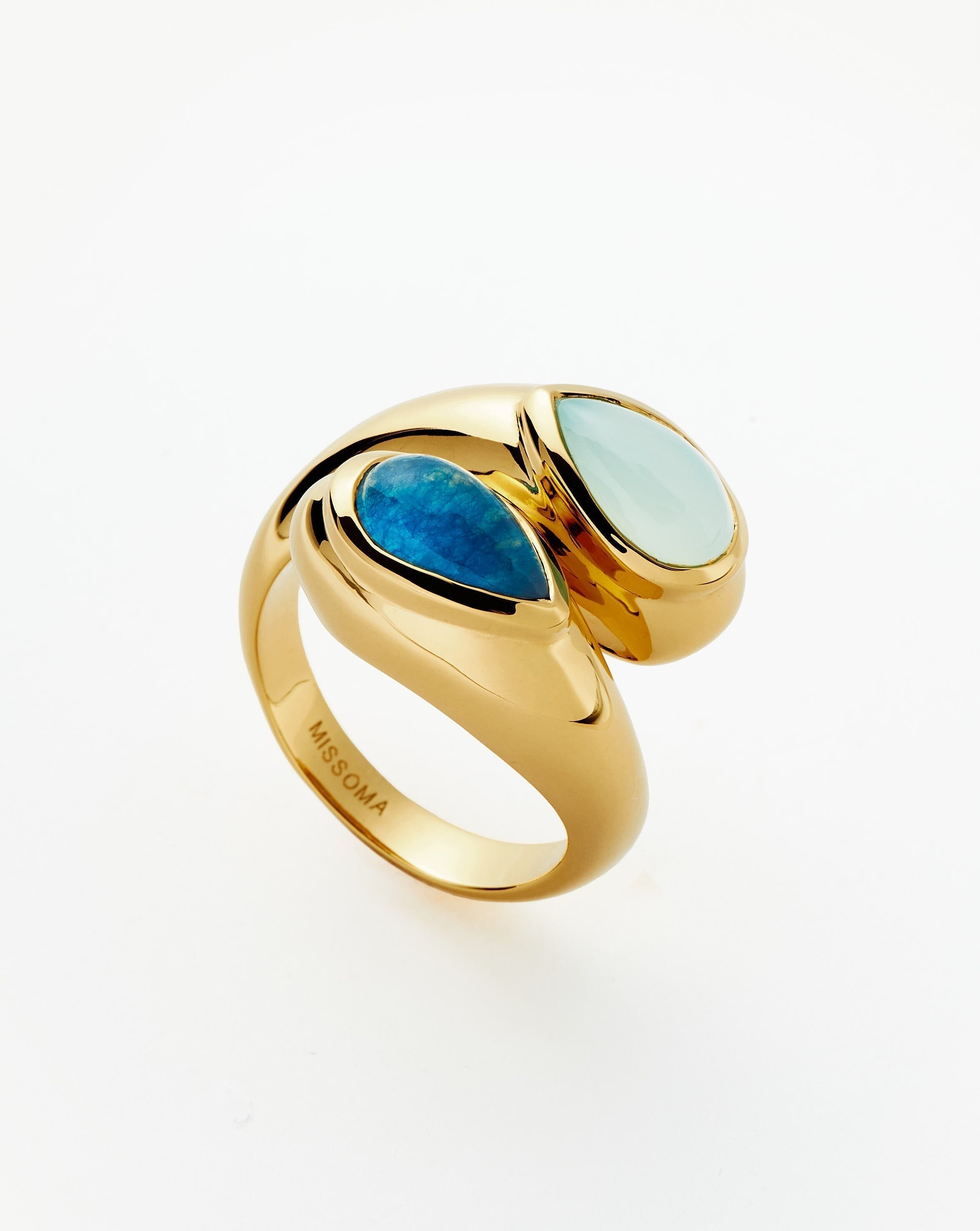 Good Vibes Double Gemstone Crossover Ring | 18ct Gold Plated/Petrol Blue Quartz & Aqua Chalcedony Rings Missoma 