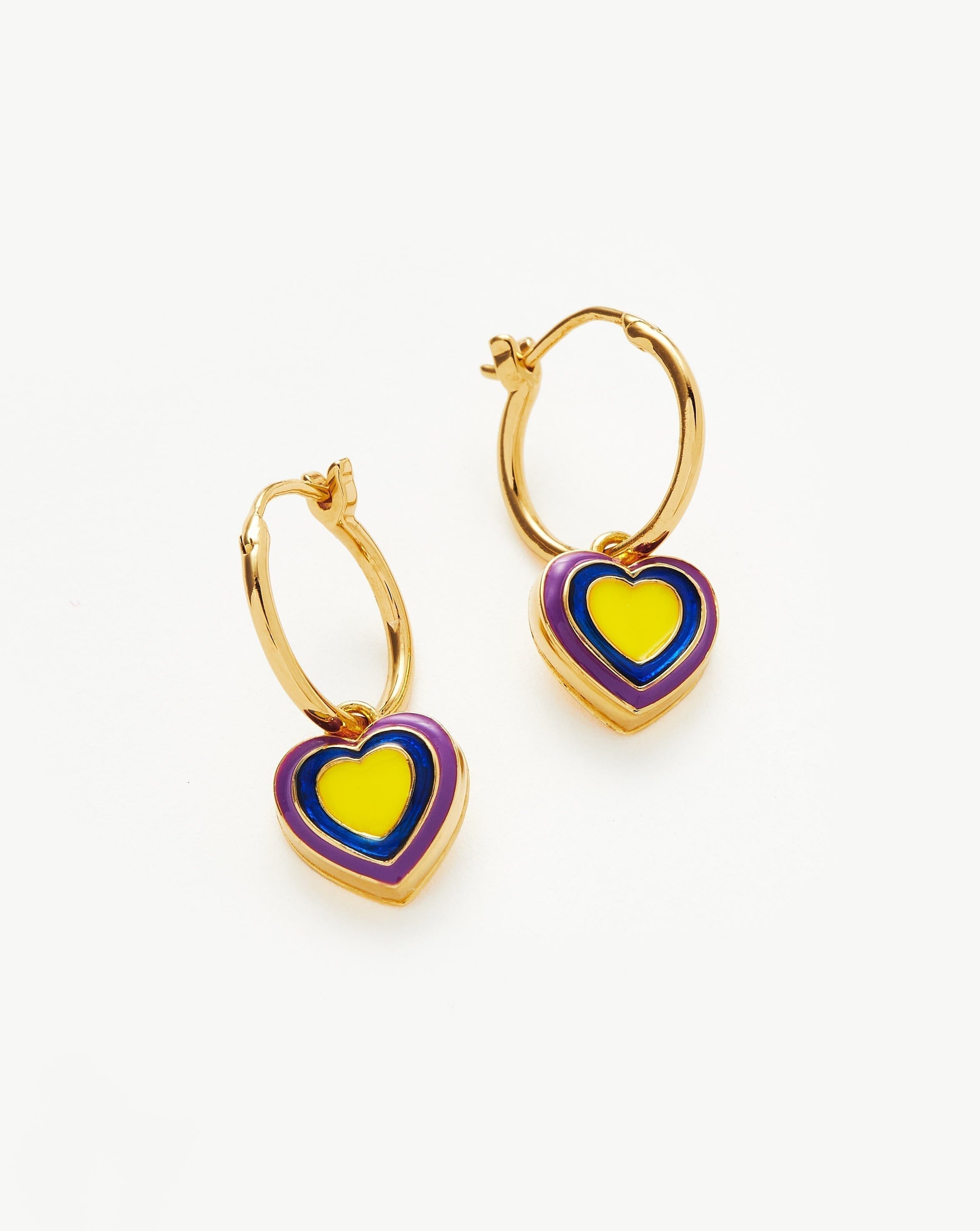 Good Vibes Enamel Heart Mini Charm Hoop Earrings | 18ct Gold Plated Vermeil/Purple & Lemon Yellow Earrings Missoma 