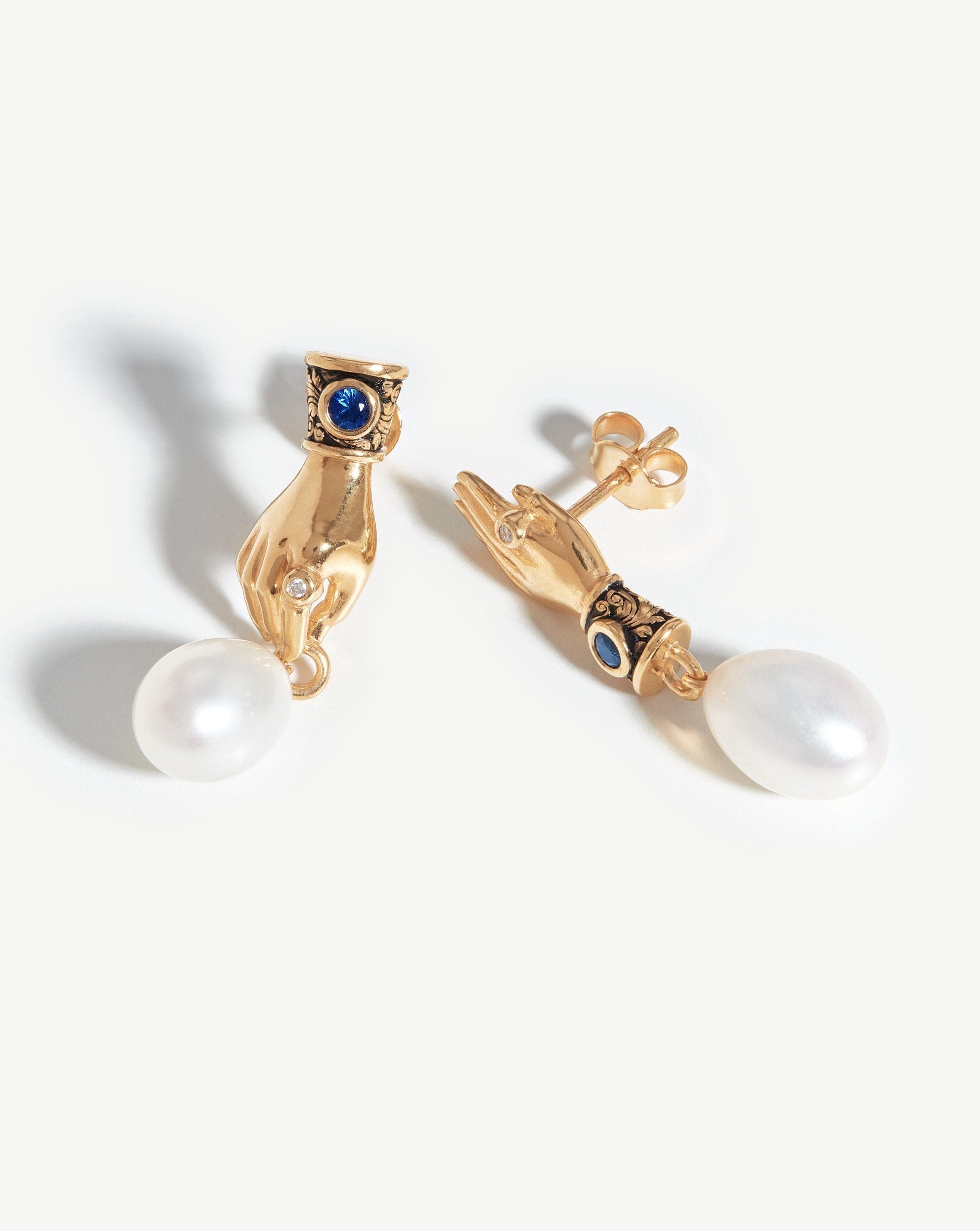 Harris Reed Fine Handpicked Drop Earrings | 14ct Solid Gold/Pearl & Blue Sapphire Earrings Missoma 