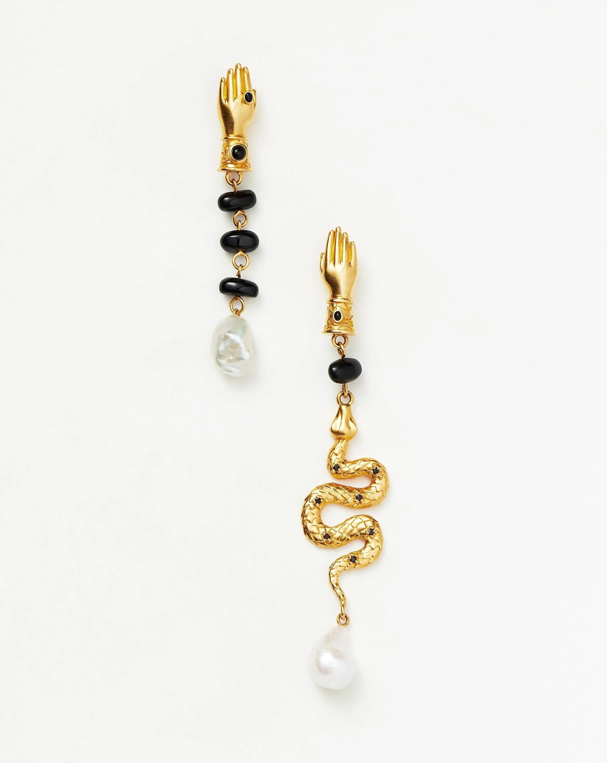 Harris Reed Handpicked Serpent Earrings | 18ct Gold Plated/Pearl & Black Onyx Earrings Missoma 