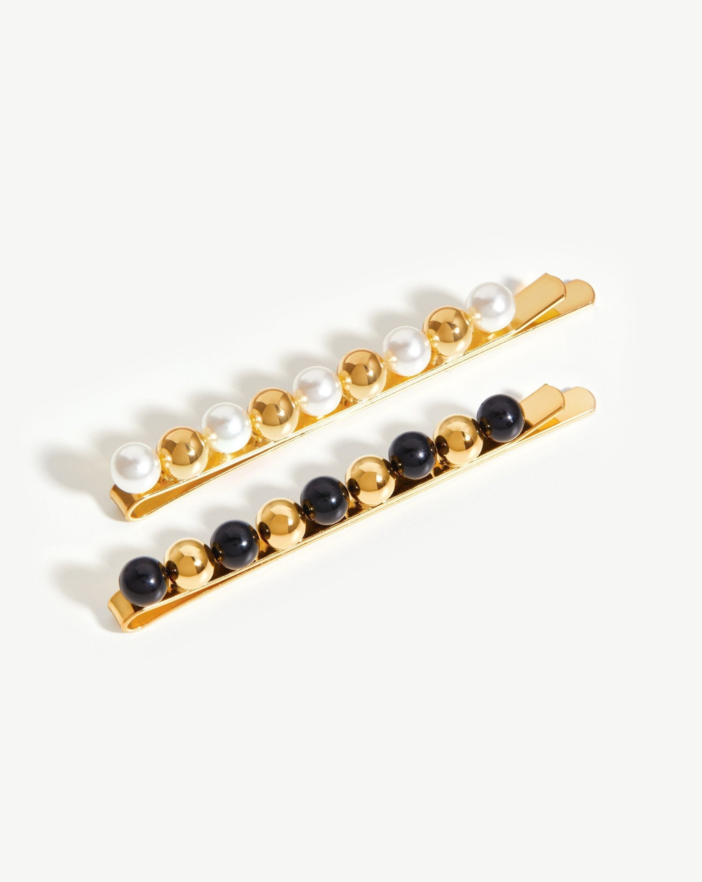 Mini Sphere Beaded Hair Clip Set | 18ct Gold Plated/Faux Pearl and Black Bead Hair Clips Missoma 