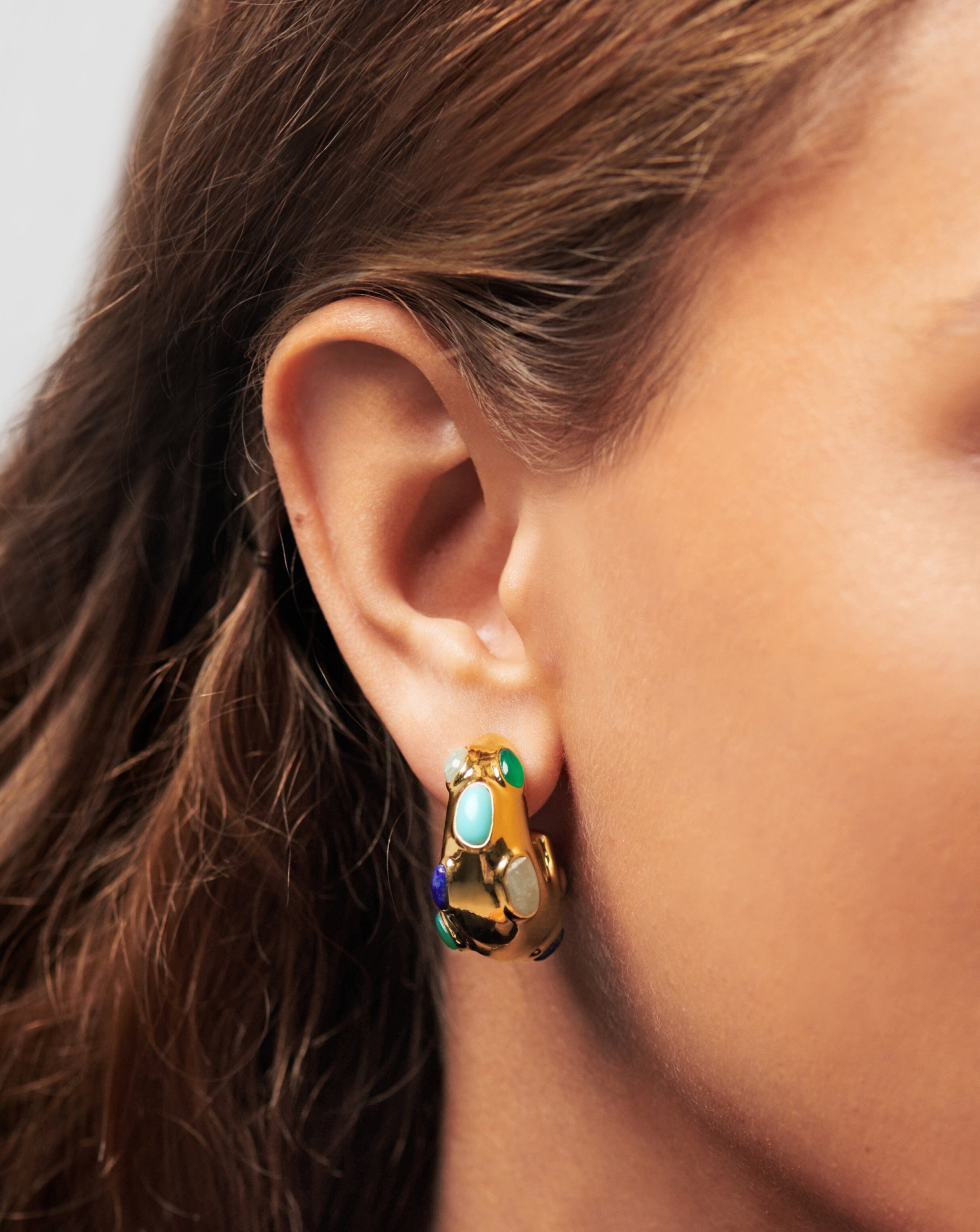Molten Gemstone Chubby Medium Hoop Earrings | 18ct Gold Plated/Chalcedony & Turquoise & Aquamarine Earrings Missoma 