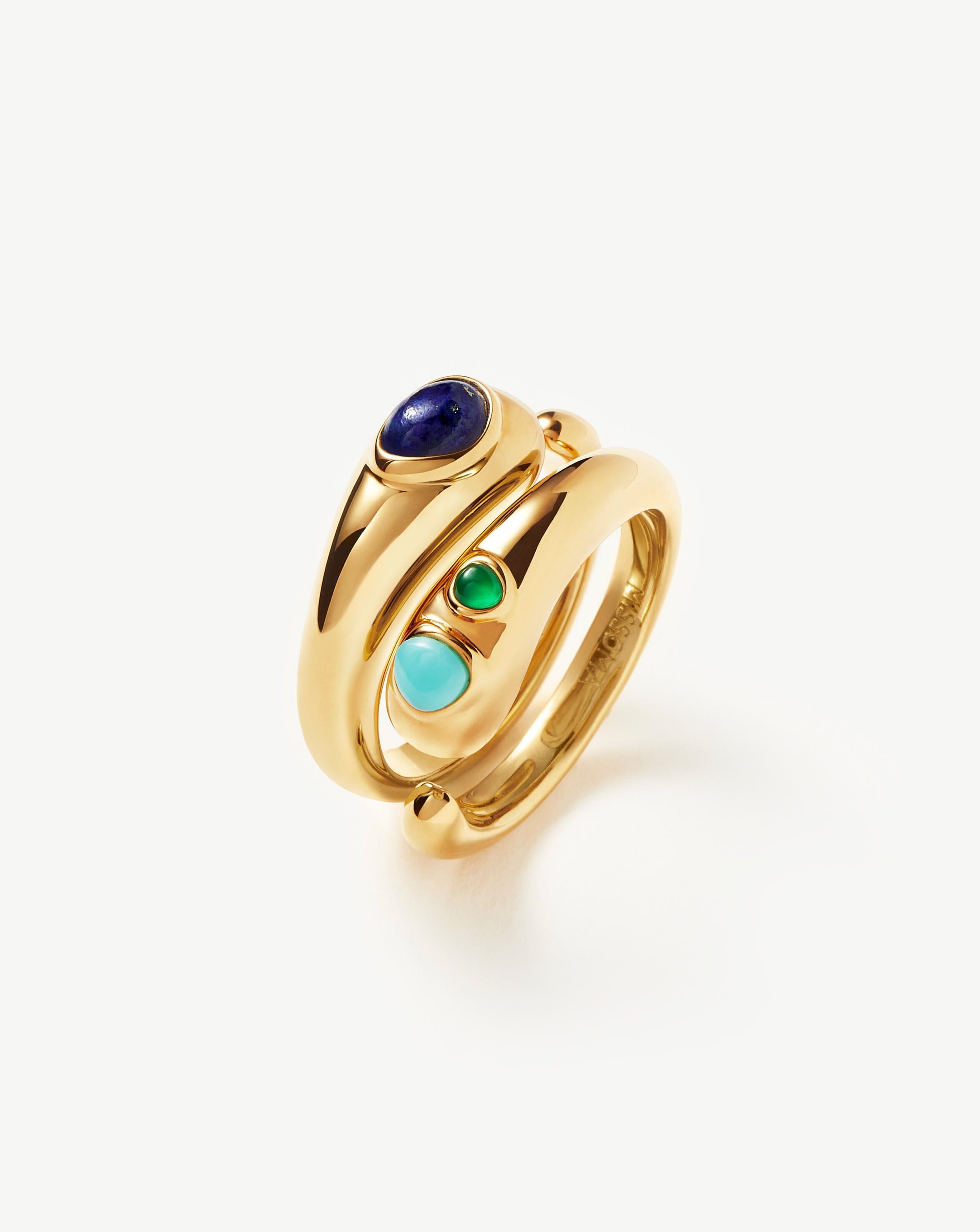 Molten Gemstone Double Stacking Ring Set | 18ct Gold Plated/Chalcedony & Turquoise & Lapis Rings Missoma 