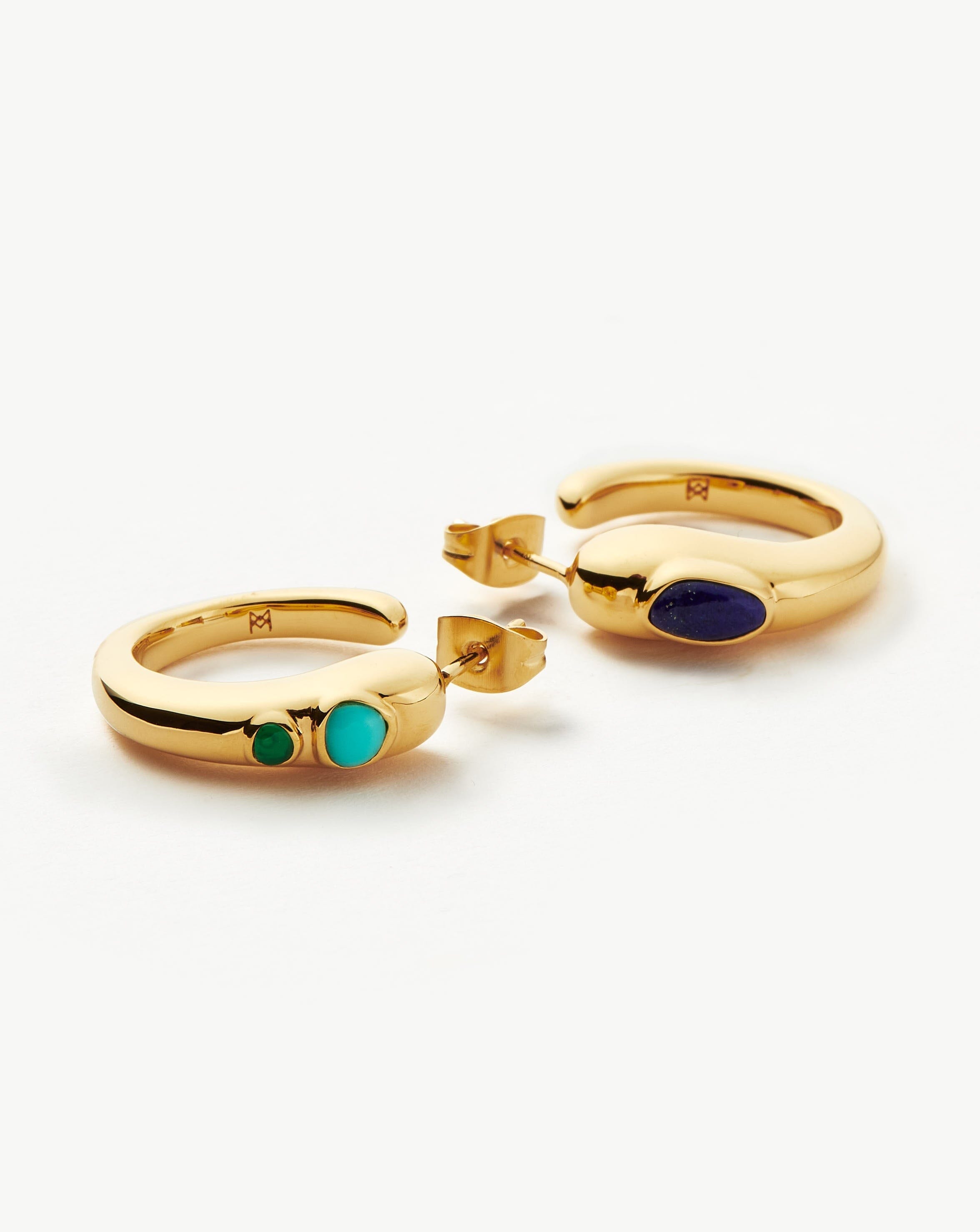 Molten Gemstone Mismatched Medium Hoop Earrings | 18ct Gold Plated/Chalcedony & Turquoise & Lapis Earrings Missoma 