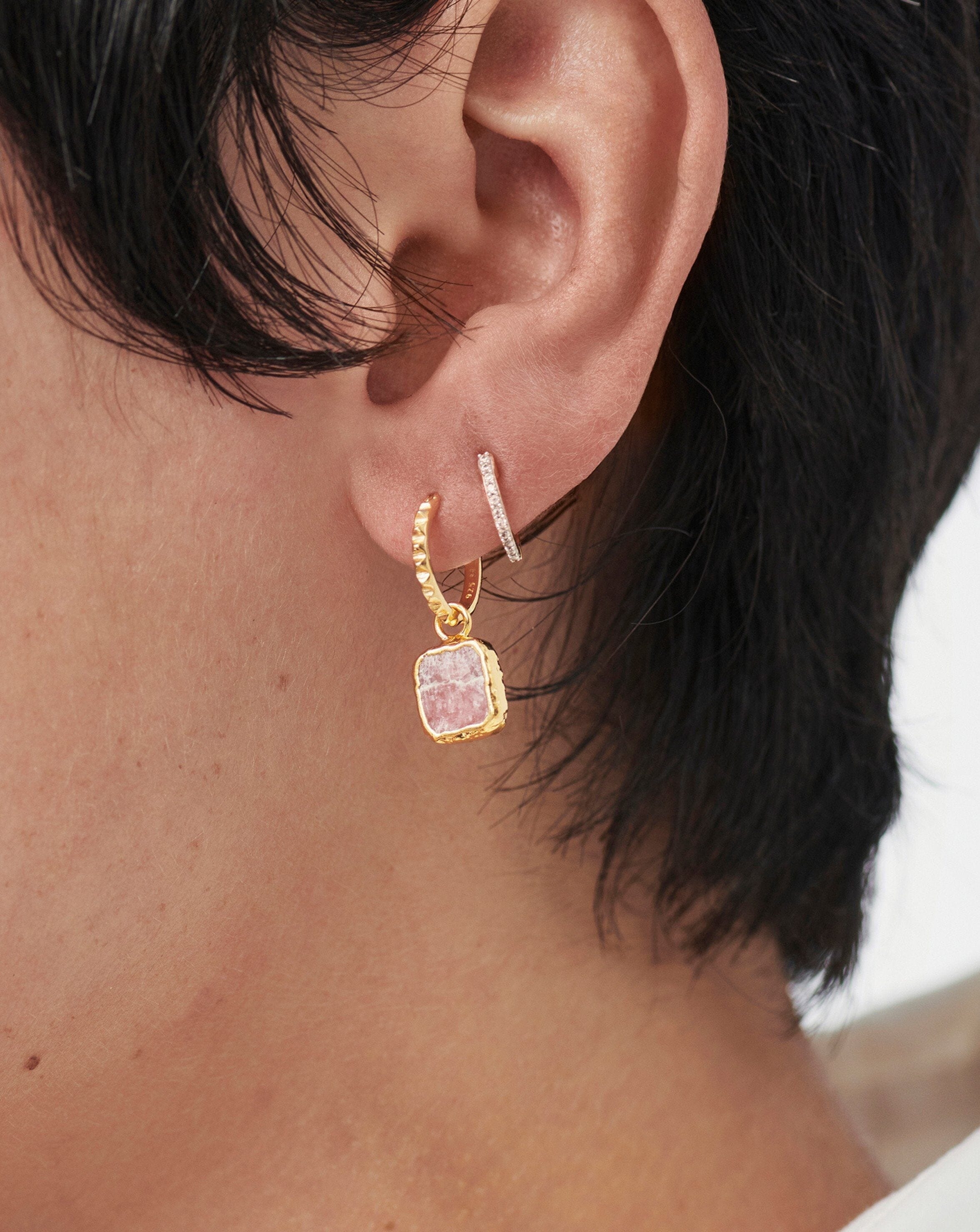 Pyramid Pave Huggies Earring Set | 18ct Gold Plated Vermeil/Rhodochrosite Earrings Missoma 