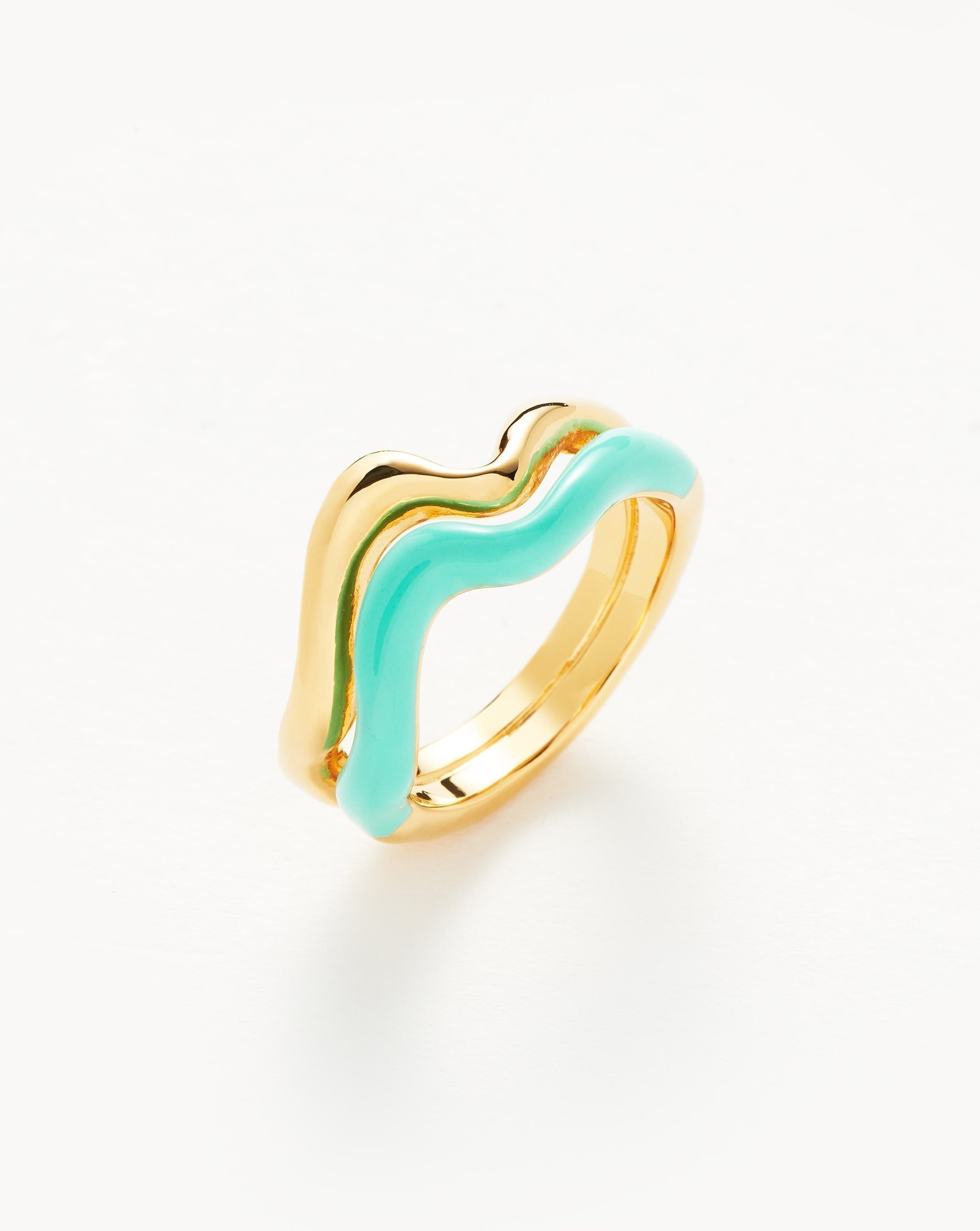 Squiggle Curve Two Tone Enamel Stacking Ring | 18ct Gold Plated Vermeil/Neon Aqua Rings Missoma 