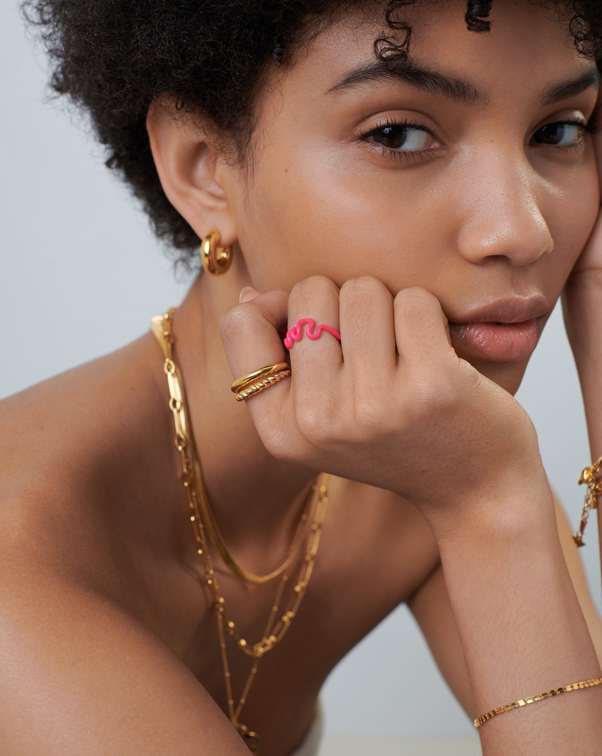 Squiggle Wavy Enamel Stacking Ring | 18ct Gold Plated Vermeil/Hot Pink Rings Missoma 